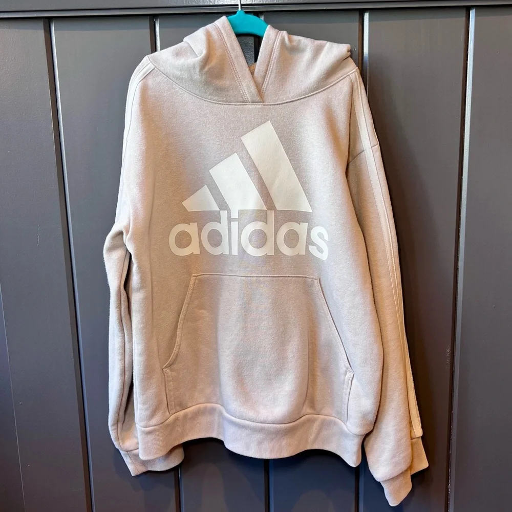 adidas Boys Tech Fleece Hoodie Tan Beige Athletic Logo Sweatshirt Youth M 10 12